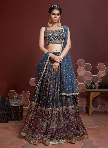 Digital Printed Navy Blue Lehenga Designs With Real Mirror Work Choli